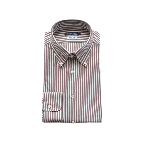 【日本製】ワイシャツ メンズ 長袖 ビジネス カジュアル イージーケア ノーアイロン ストライプ ボタンダウン ブラウン(SNKN24-080-br)